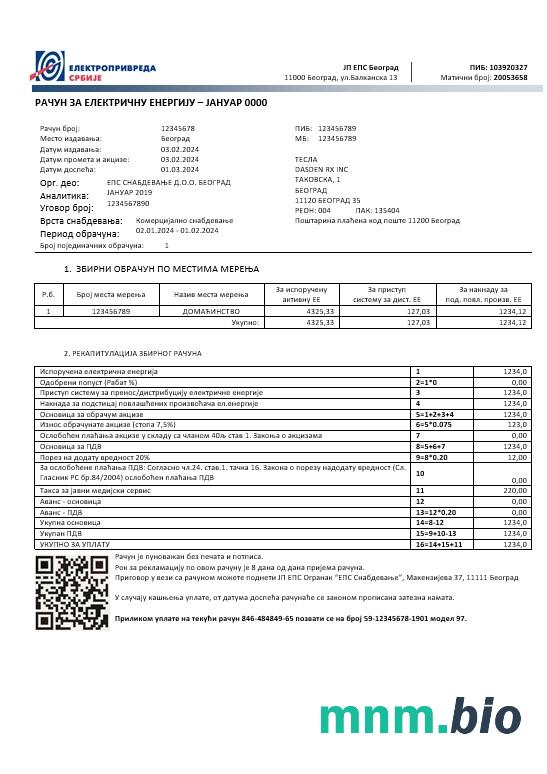 Serbia Електропривреда Србиjе szablon rachunku za energię elektryczną w formatach Word i PDF